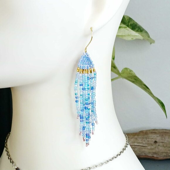Boho Beaded Fringe Cascade Shoulder Duster Dangle Earrings, Blue & Gold 3.5" - Picture 1 of 10